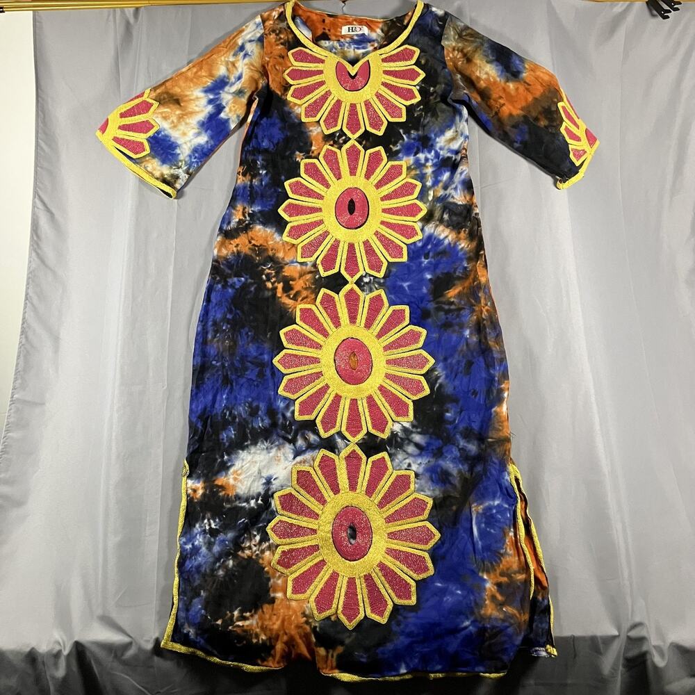 H&D Kaftan Dress Womens Multicolor Tie Dye Embroidered Applique Boho Maxi V Neck